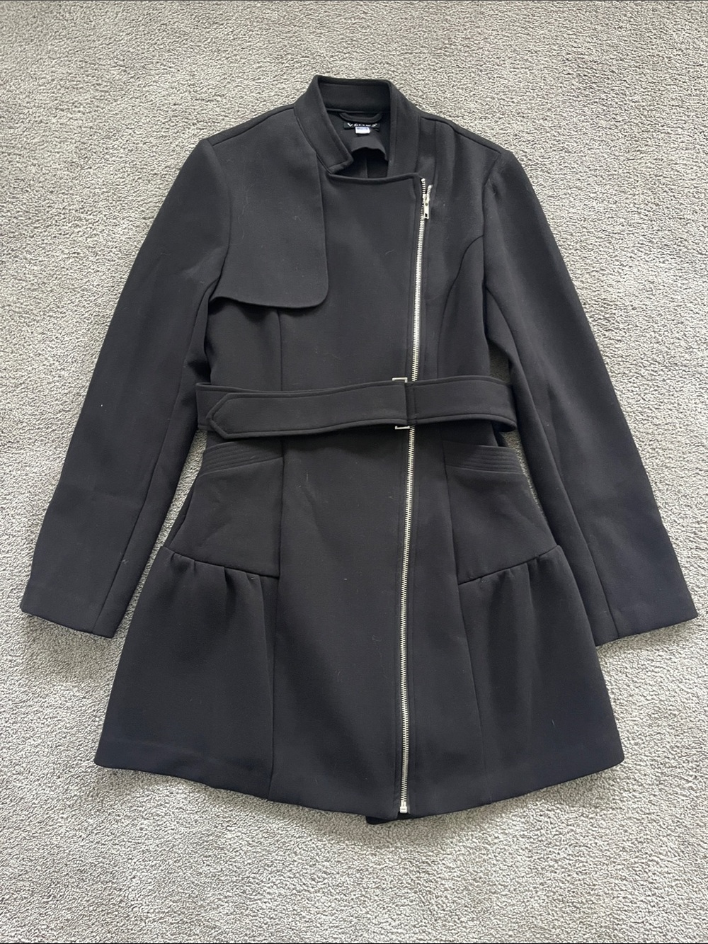 VENUS Black Asymmetrical Zip Belted Coat